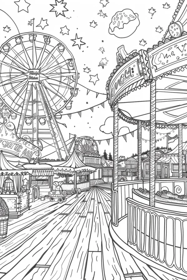 Amusement park scene with ferris wheel and carousel, cartoon line art style — free printable amusement park coloring book page