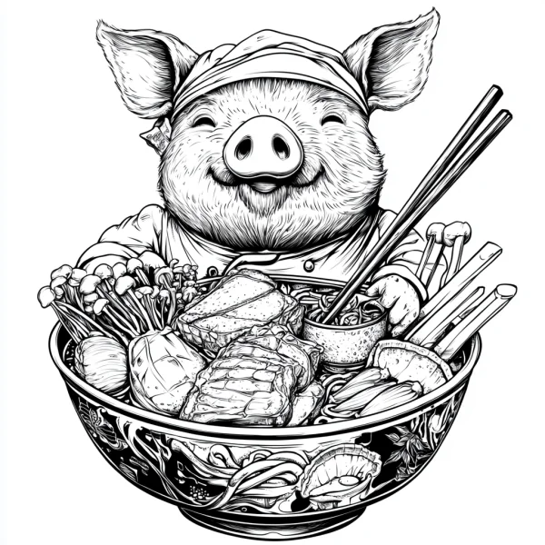 Chef pig with a large bowl of delicious ramen, cartoon style — free printable chef coloring book page