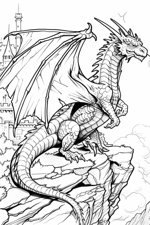 Giant dragon perched on rocky cliff, fantasy style — free printable coloring page