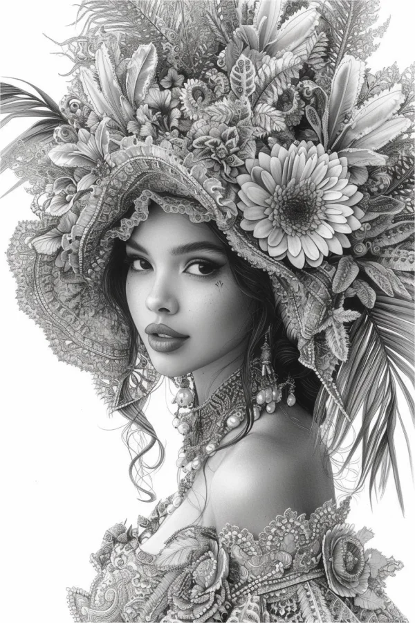 Realistic line art of ornate latin american woman with grand floral feather headdress, intricate details of gerbera daisies — free printable carnival coloring book page