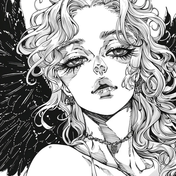 Close-up of dark angel with curly hair and black feathered wings, gothic dark anime style — free printable dark fantasy coloring book page