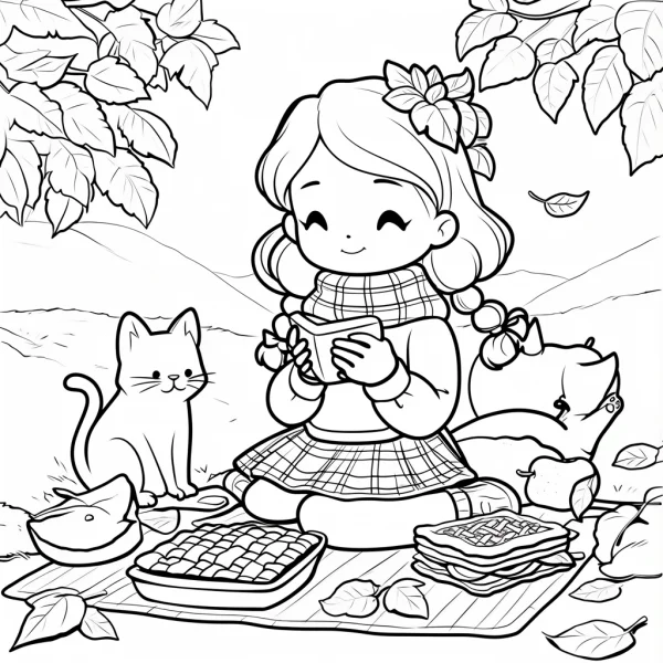 Cute girl having autumn picnic with cat and squirrel, cartoon style — free printable coloring page