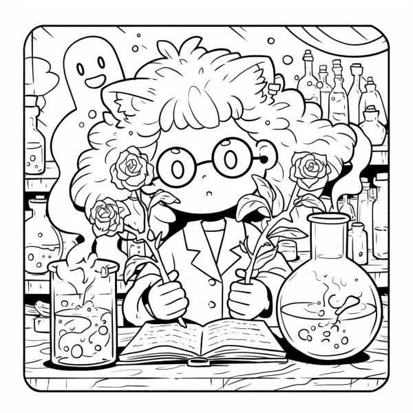 Cartoon cat-eared girl scientist holding roses, laboratory setting with beakers — free printable science coloring book page