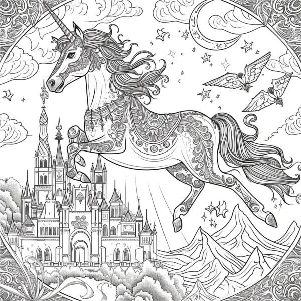 Decorative patterned unicorn rearing up, fairytale fantasy style — free printable coloring page