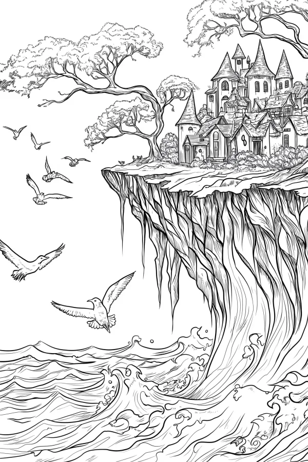 Fantasy castle on seaside cliff, fairy tale style — free printable coloring page