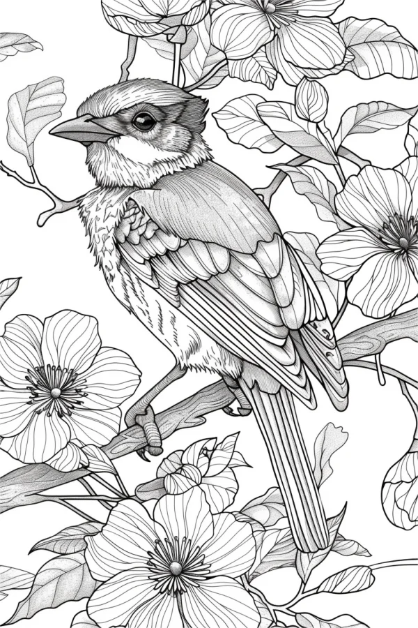 Small bird perched on flowering branch, realistic line art style — free printable coloring page