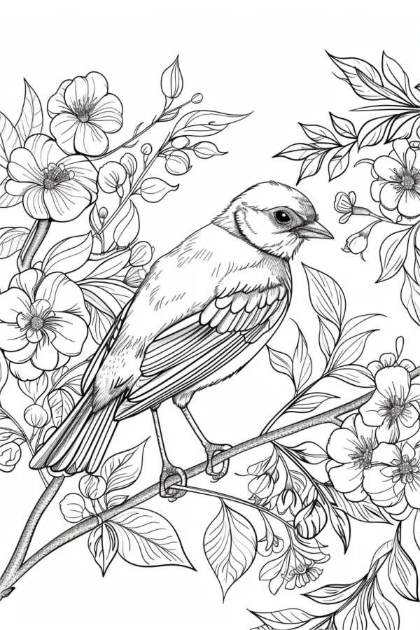 A small bird perched on a flowering branch, realistic illustration style — free printable coloring page