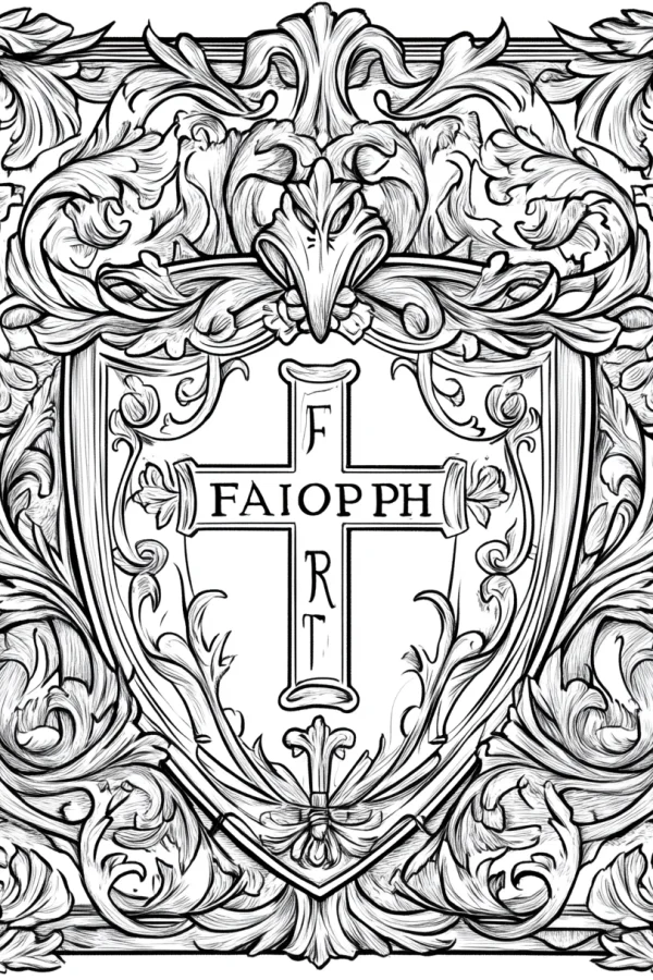 Baroque-style heraldic shield with intricate scrollwork, vintage decorative art — free printable baroque coloring book page