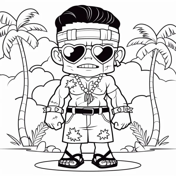 Cartoon muscular man wearing heart-shaped sunglasses, cartoon style — free printable beach holiday coloring book page