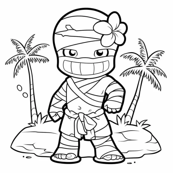Cute cartoon mummy with plumeria flower on head, standing on tropical island with coconut trees — free printable tropical coloring book page
