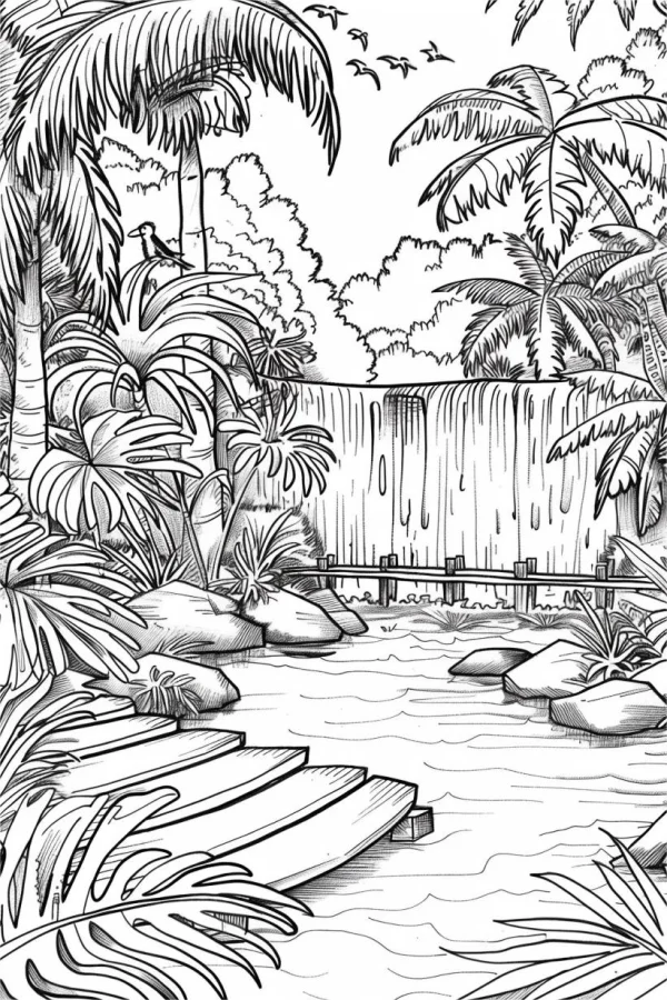 Tropical rainforest waterfall scene, sketch style — free printable tropical rainforest coloring book page