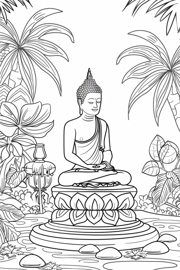 Coloring book page, buddha sitting on lotus pedestal — free printable buddhist culture coloring book page