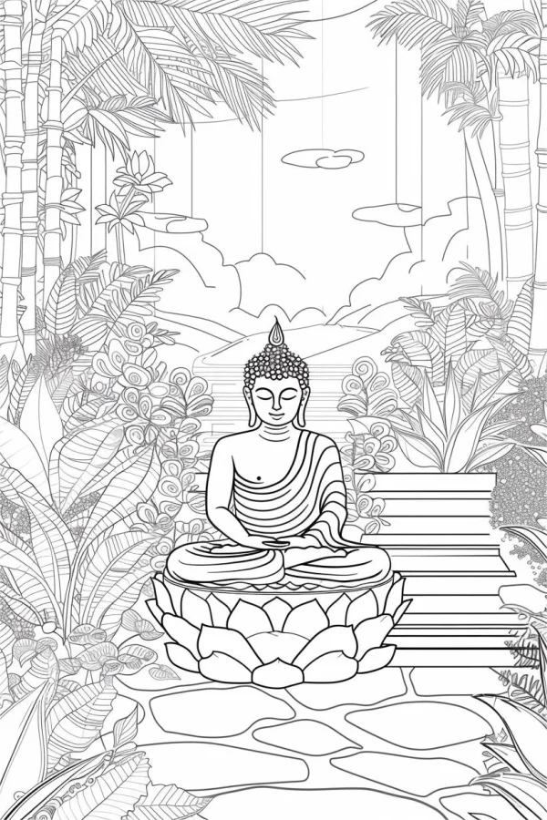 Buddha sitting on lotus pedestal, zen style — free printable buddhist culture coloring book page