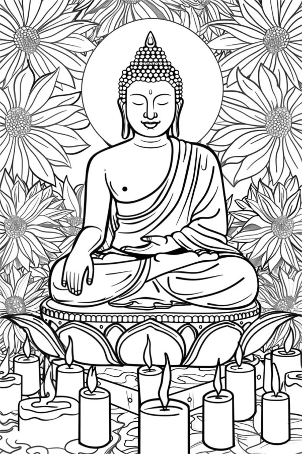 Seated buddha on lotus pedestal, surrounded by large flowers and burning candles — free printable buddhism coloring book page