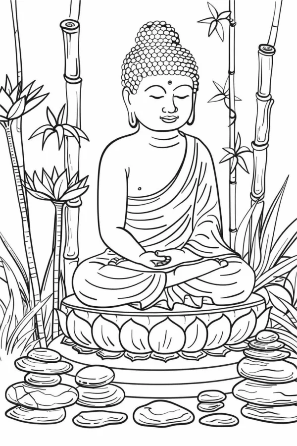 Meditating buddha sitting on lotus pedestal, surrounded by bamboo — free printable buddhist culture coloring book page