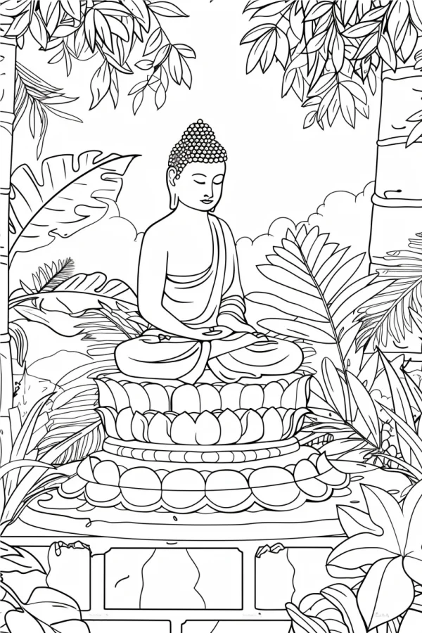 Meditating buddha sitting on lotus pedestal, surrounded by bamboo and tropical plants — free printable buddhism coloring book page