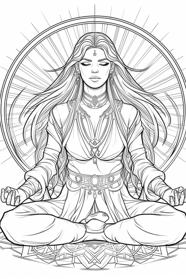 Spiritual woman in lotus meditation pose, fantasy style — free printable spirituality coloring book page