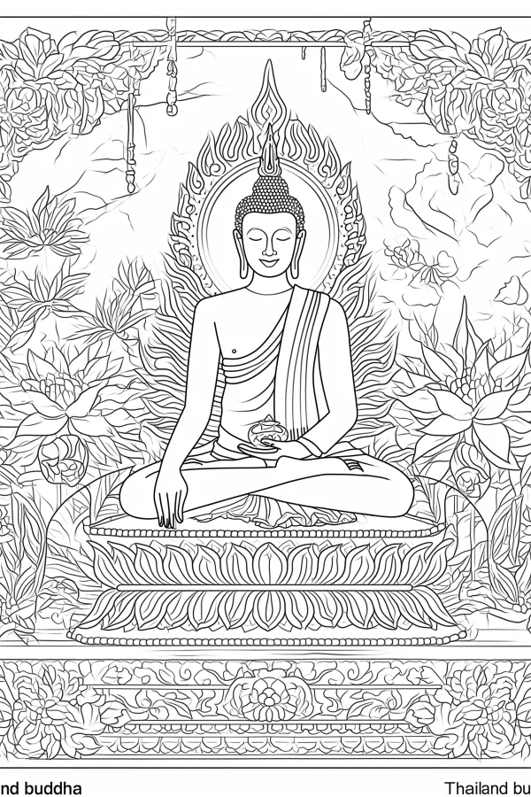 Meditating thailand buddha sitting on lotus pedestal, with flame nimbus — free printable southeast asian culture coloring book page