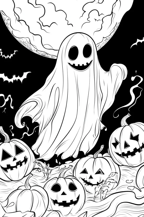 Smiling ghost with group of jack-o'-lanterns, cartoon style — free printable coloring page