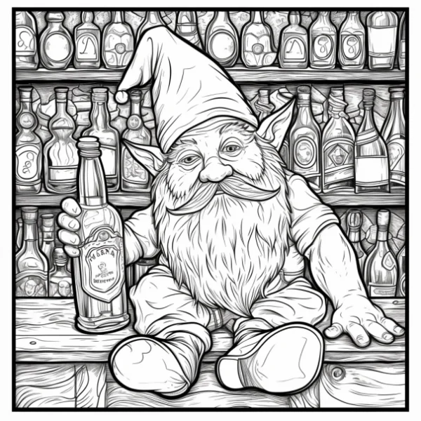 Gnome holding an irish whiskey bottle, cartoon style — free printable tavern coloring book page