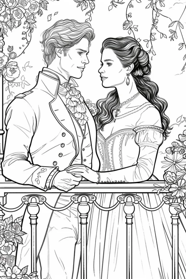 Victorian-style noble couple holding hands on balcony, romantic fairy tale scene — free printable victorian coloring book page