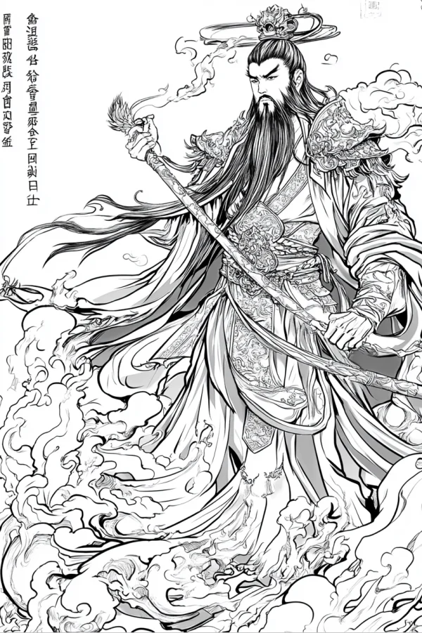 Ancient chinese mythological emperor holding a sword, chinese traditional style — free printable ancient style coloring book page