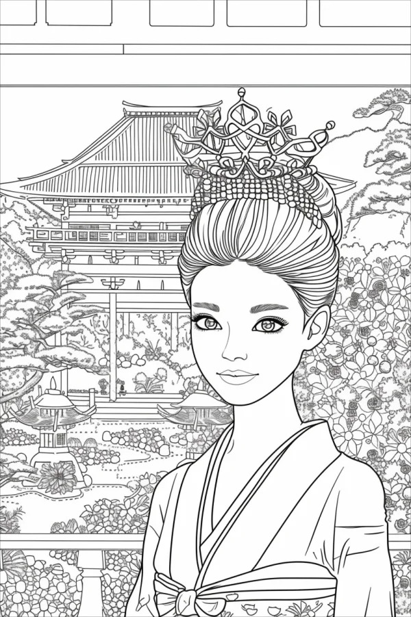 Japanese kimono girl with intricate hair crown, in front of traditional japanese temple garden — free printable traditional culture coloring book page