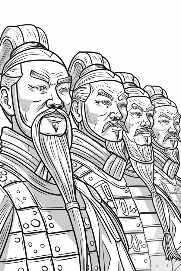 Terracotta army soldiers, chinese traditional style — free printable history coloring book page
