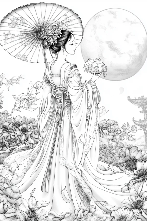 Ancient chinese lady holding oil paper umbrella and mooncake, chinese style — free printable mid-autumn festival coloring book page