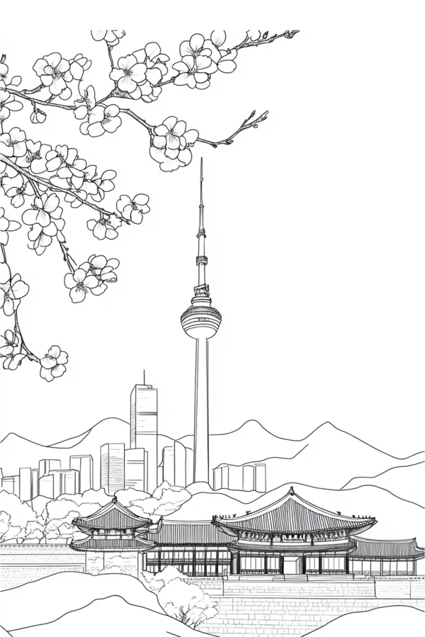 Traditional korean palace with n seoul tower, urban cityscape with skyscrapers and mountains — free printable korean style coloring book page