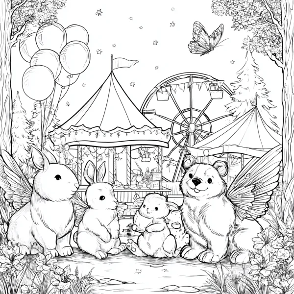Cute winged rabbits and winged bear, in front of amusement park with carousel and ferris wheel — free printable theme park coloring book page