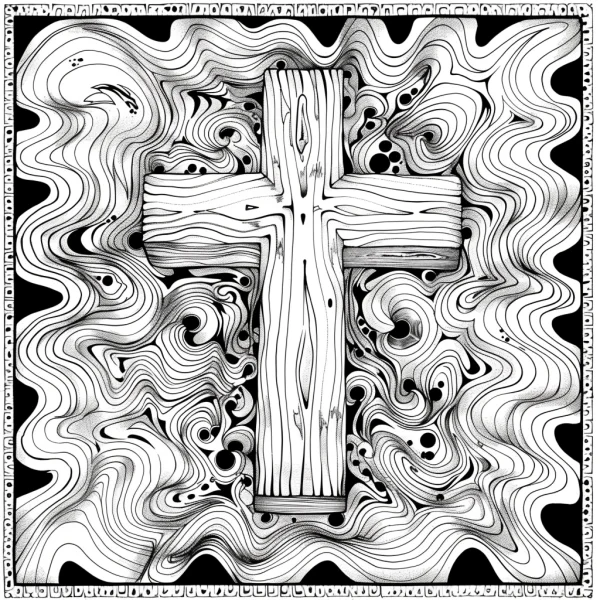 Wooden cross with wood grain details, surrounded by intricate zentangle-style swirling and spiral patterns — free printable zen doodle coloring book page