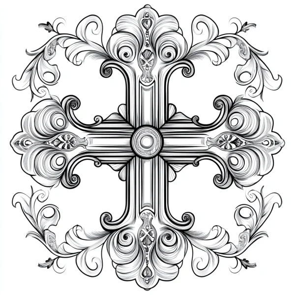 Decorative ornate european cross, art deco style — free printable religious elements coloring book page