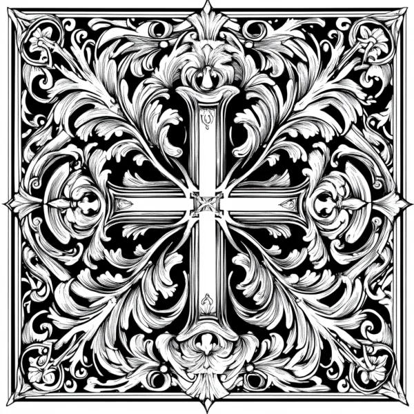 Baroque style cross, surrounded by intricate scrollwork and decorative leaves — free printable baroque coloring book page