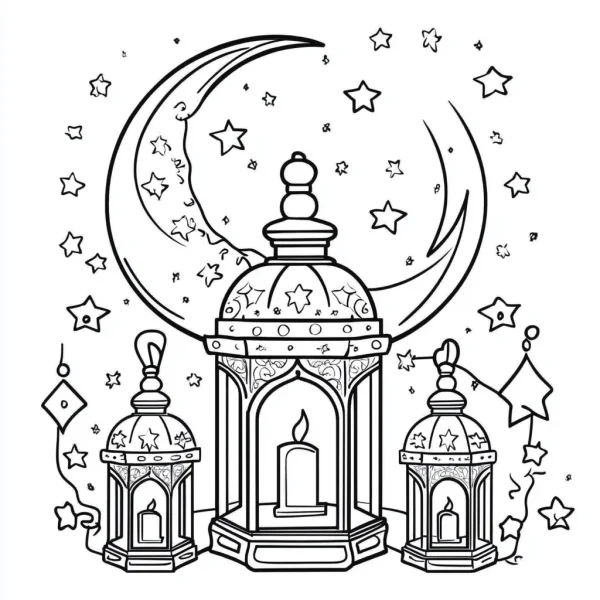 Decorative middle eastern lanterns with crescent moon and stars, symmetrical intricate patterns — free printable eid al-fitr coloring book page