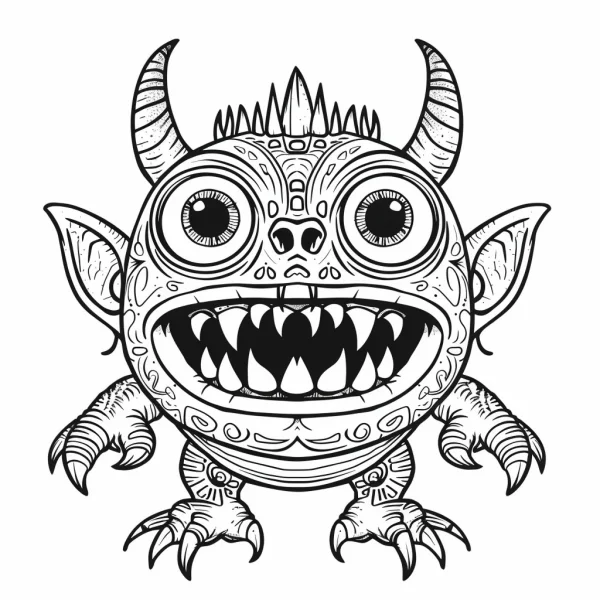 Cute cartoon little monster with curved horns, sharp spines on head — free printable monster coloring book page