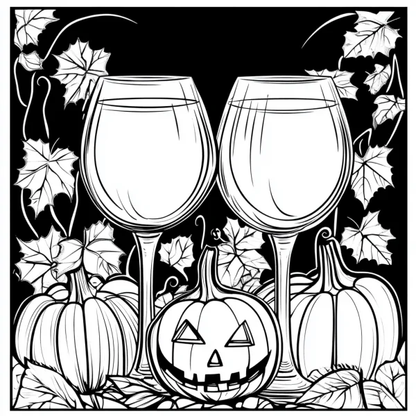 Halloween jack-o'-lantern with two wine glasses, cartoon style — free printable beverages coloring book page