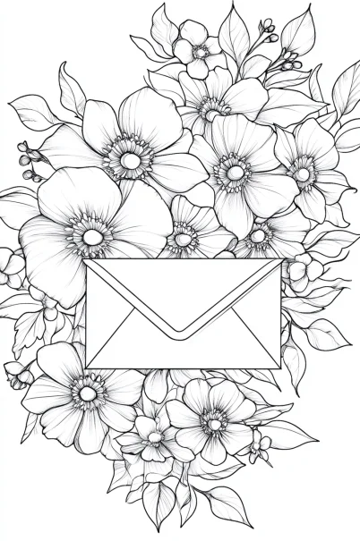 Envelope surrounded by various flowers and leaves, sketch line art style — free printable letters coloring book page