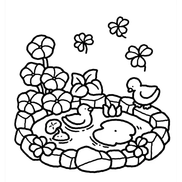 Cute ducklings in a pond, cartoon style — free printable coloring page