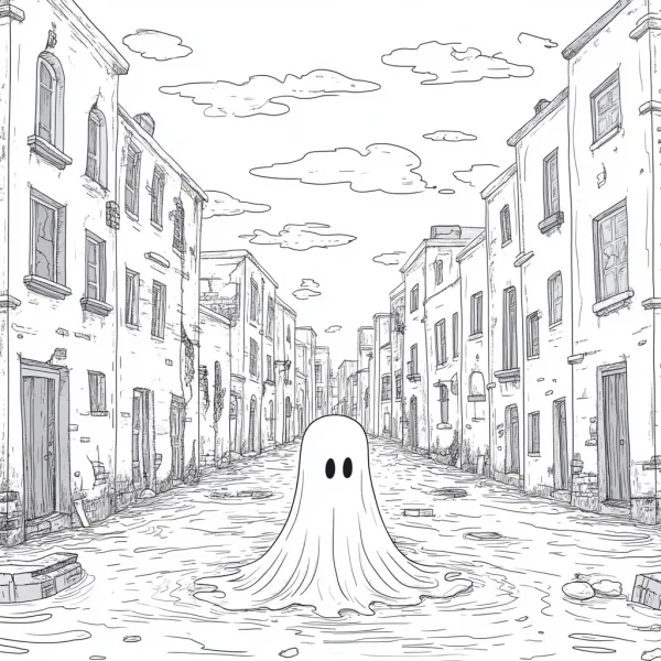 Cute ghost in a wet narrow town street, cartoon style — free printable town landscape coloring book page