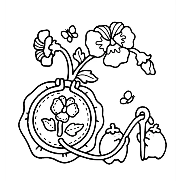 Cute cartoon floral pendant with pansy flowers and butterflies, fine smooth outlines — free printable coloring page