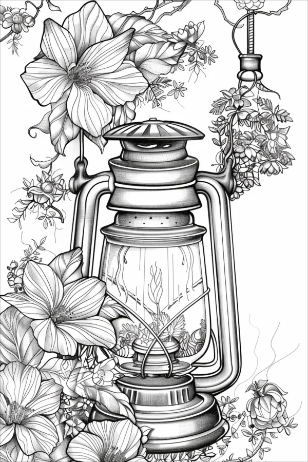 Vintage kerosene lantern surrounded by large flowers, leaves — free printable vintage life coloring book page