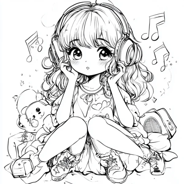 Cute cartoon girl with headphones, cartoon style — free printable dolls coloring book page