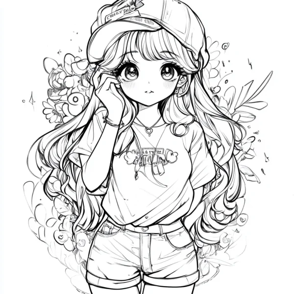 Coloring book page, cute cartoon long-haired girl wearing a baseball cap and denim shorts — free printable character theme coloring book page