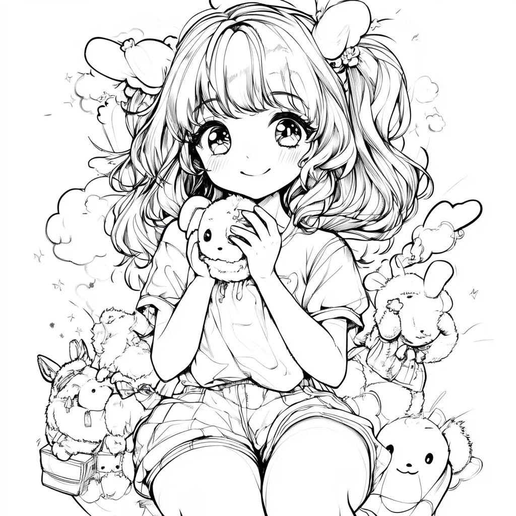 Girl holding a plush rabbit with surrounding plush toys, cartoon anime style — cartoon style — moderate detail — line art coloring page — for kids and adults of all ages