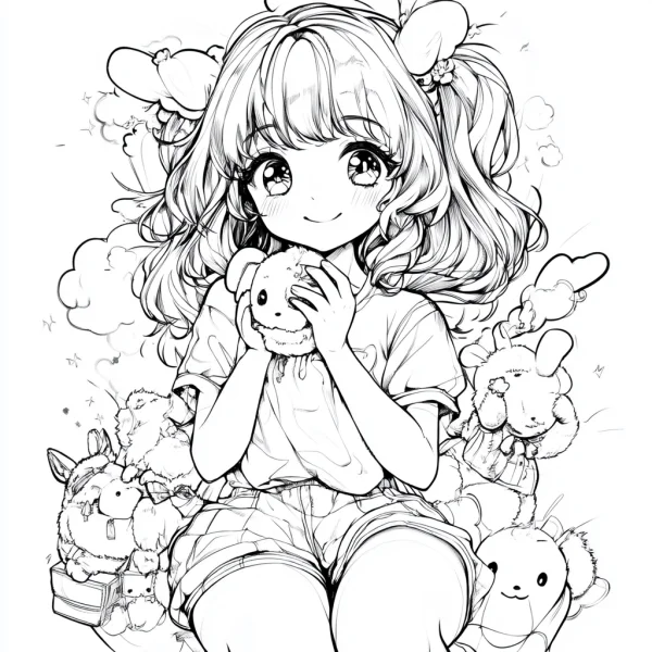 Girl holding a plush rabbit with surrounding plush toys, cartoon anime style — free printable coloring page