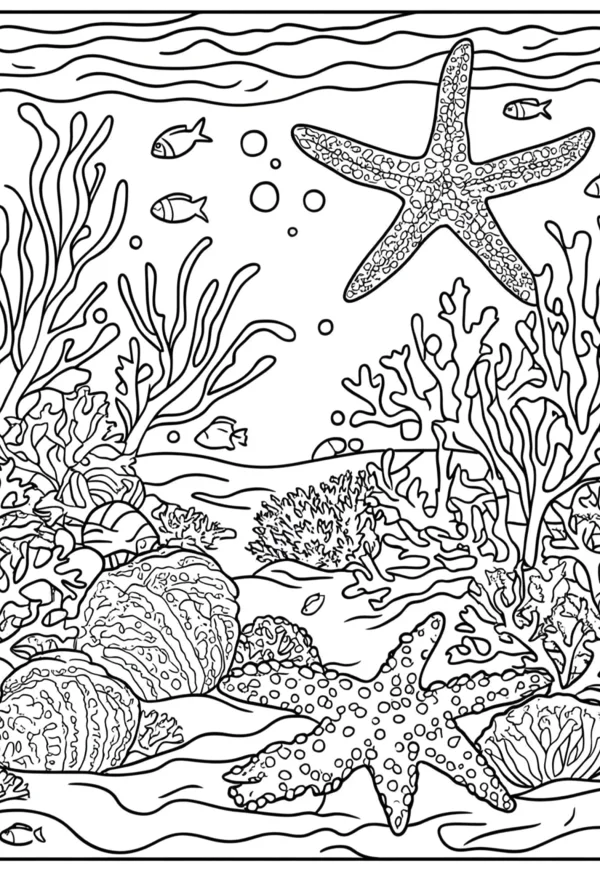 Underwater scene with starfish and corals, line art style — free printable underwater world coloring book page