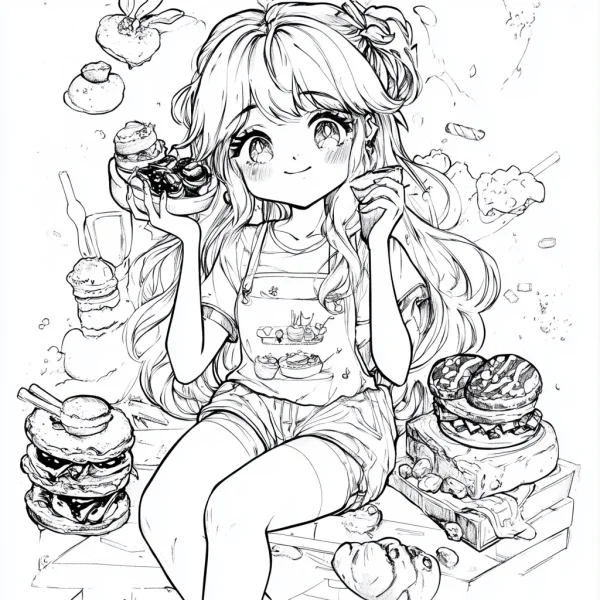 Cute cartoon girl holding desserts, surrounded by various hamburgers — free printable coloring page