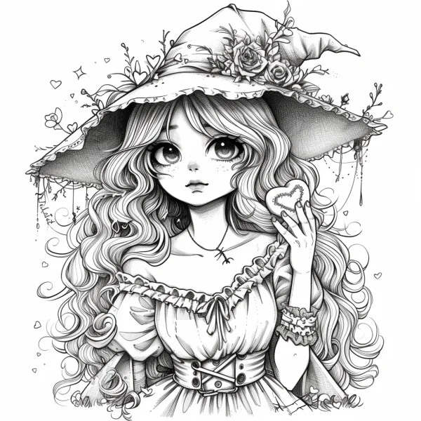 Cute curly-haired witch with flower-decorated wide-brimmed hat, cartoon anime style — free printable witch coloring book page