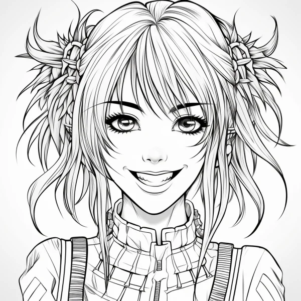 Anime style girl with twin ponytails and decorative hair accessories, anime illustration style — free printable anime characters coloring book page
